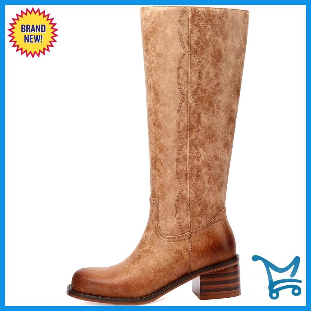 Knee High Boots Square Toe Chunky Block Heel Wide Calf Riding Tall Boots